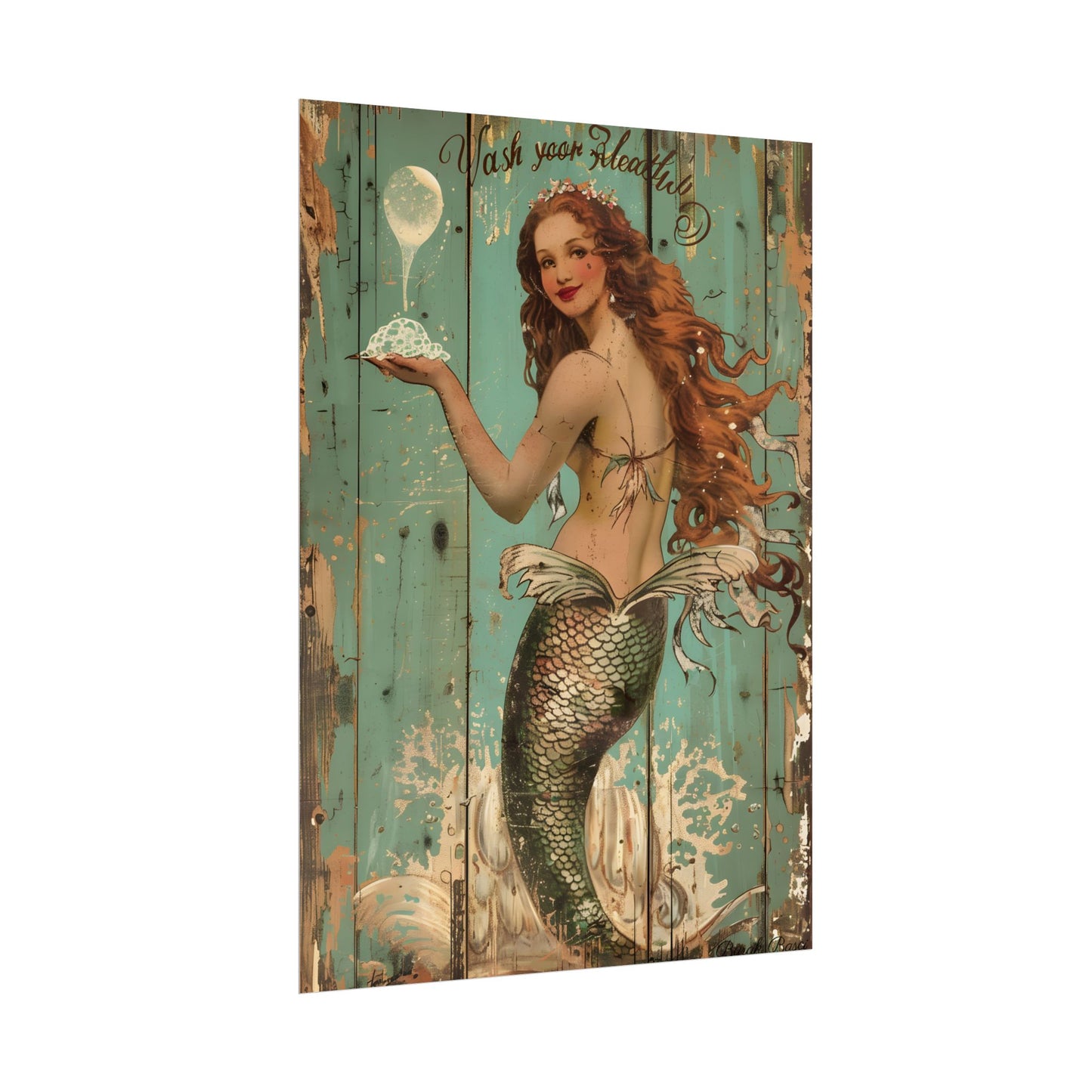Whimsical Vintage Mermaid: A Soap Bubble Serenade - Poster