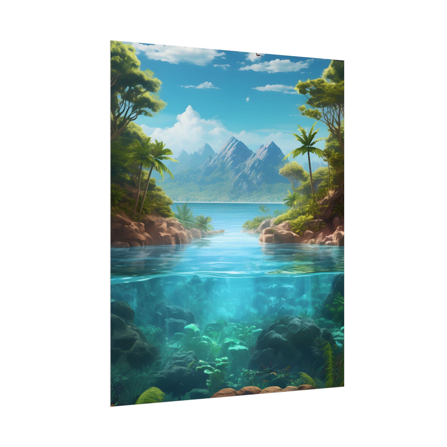 Tropical Tranquility: Serene Lagoon Island Art - Poster