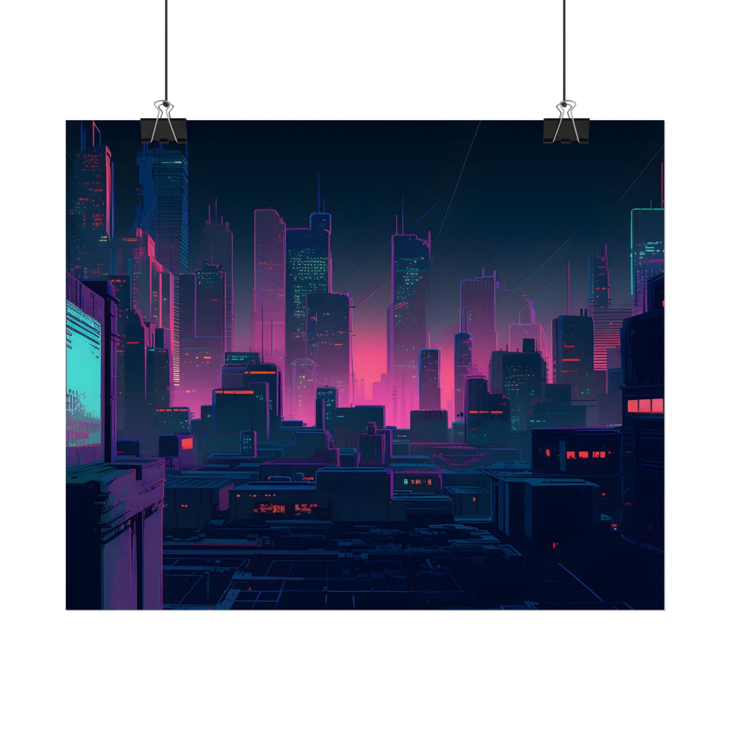 Melancholic Cyberpunk City: Nighttime Scene Digital Art - Poster