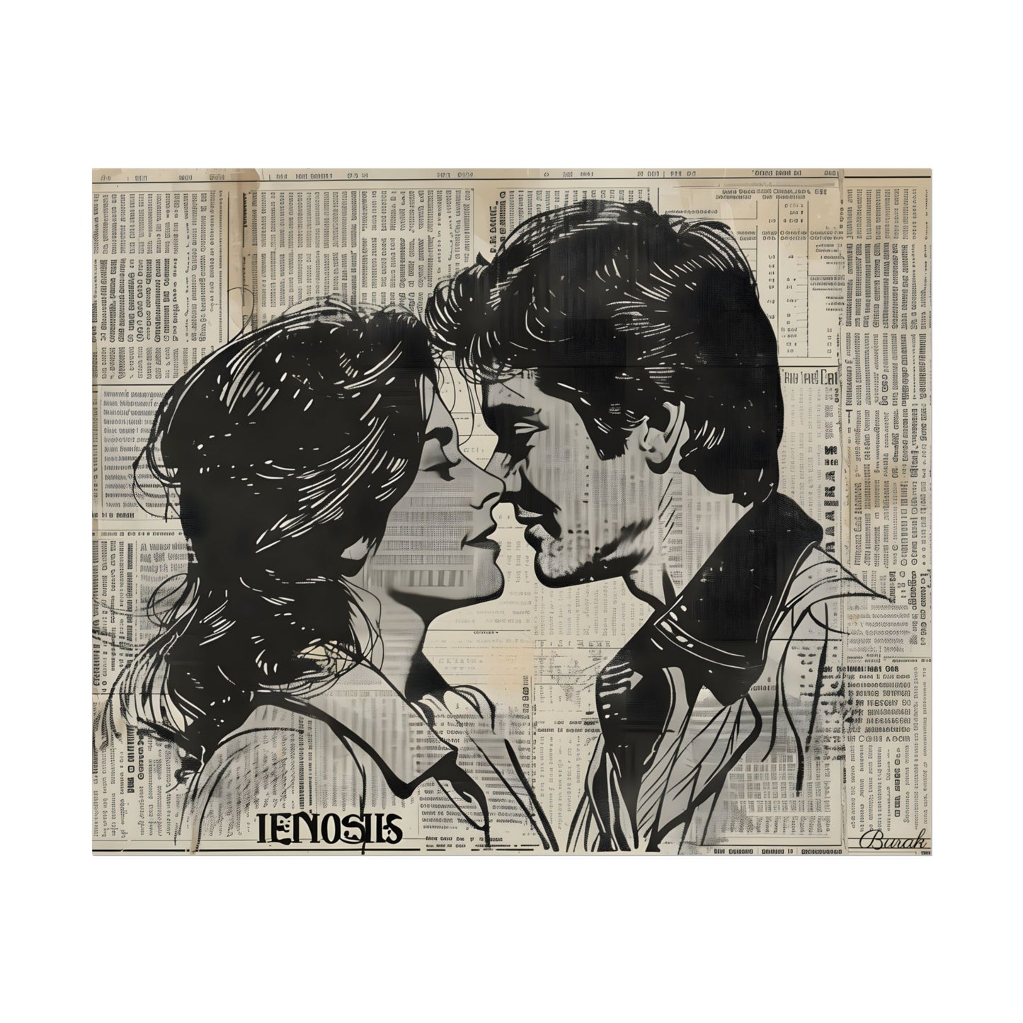 Vintage Romance Couples: Timeless Newsprint Art - Poster