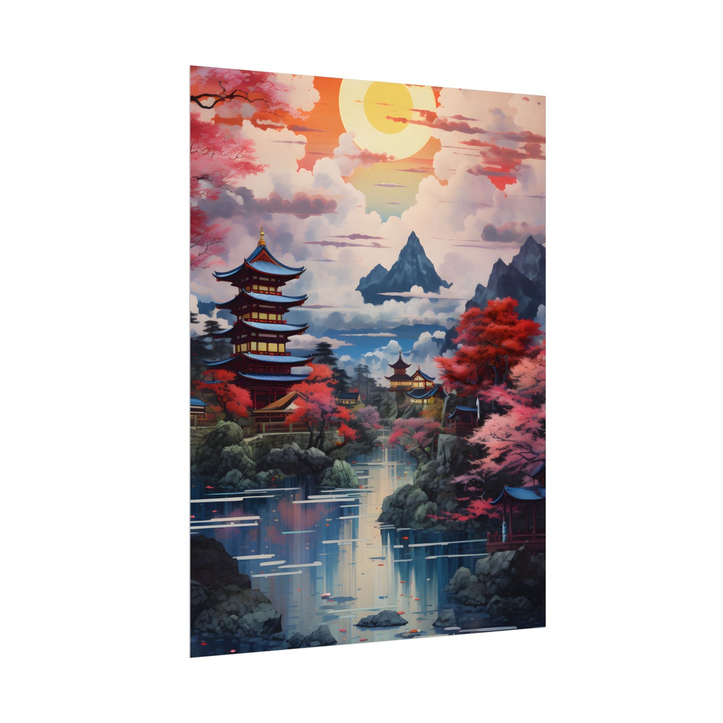 Wonderful Japanese River Scene with Serene Flowers - Poster