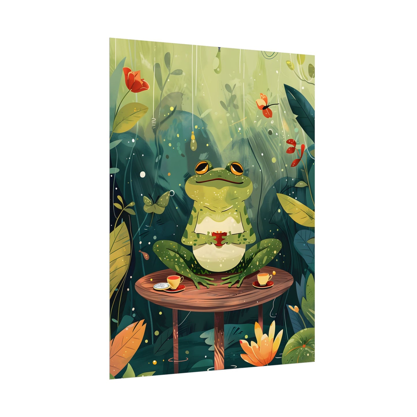 Whimsical Frog on Water: Playful Lily Pad Illustration - Poster