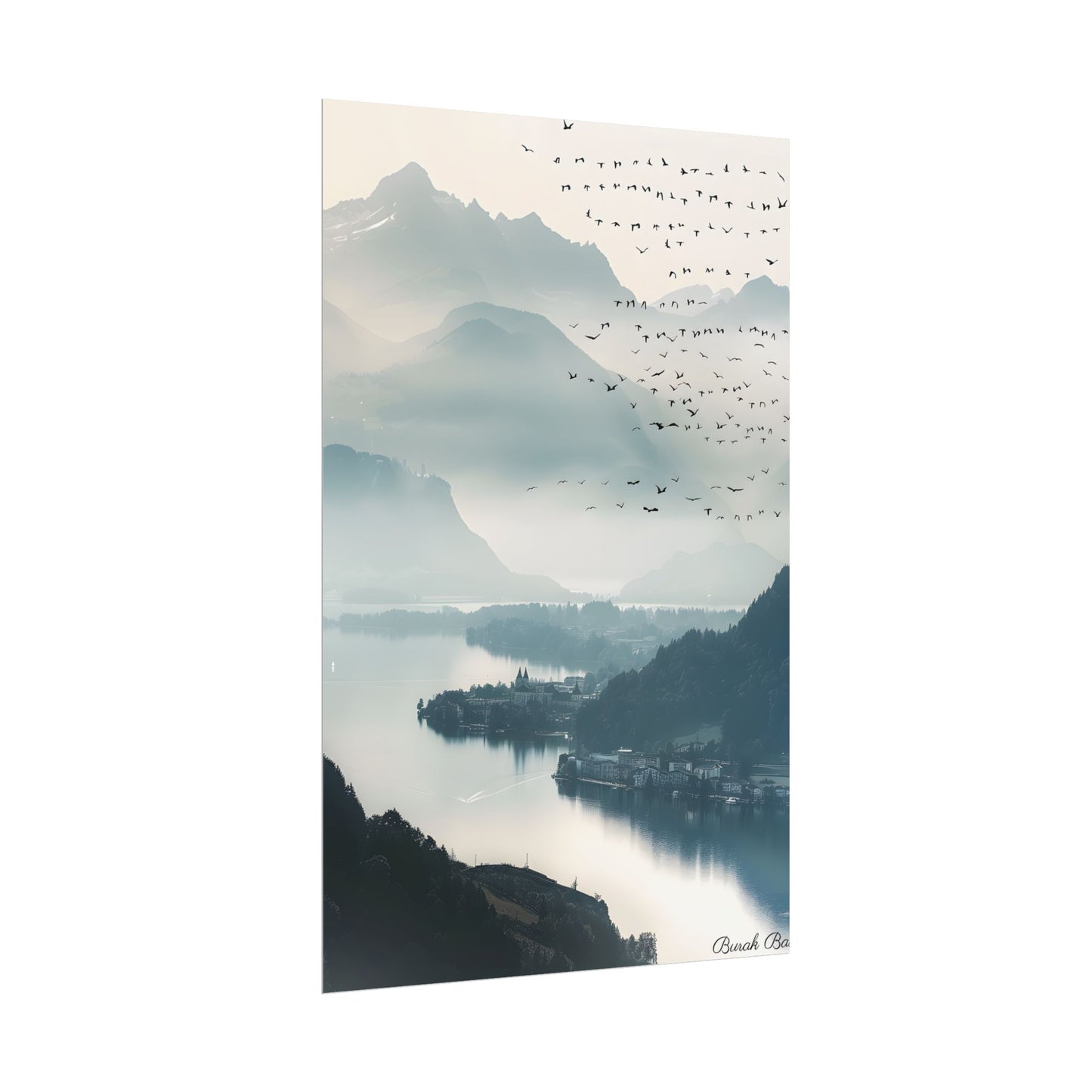Serene Mountain Landscape: Bird's Eye View Art - Poster