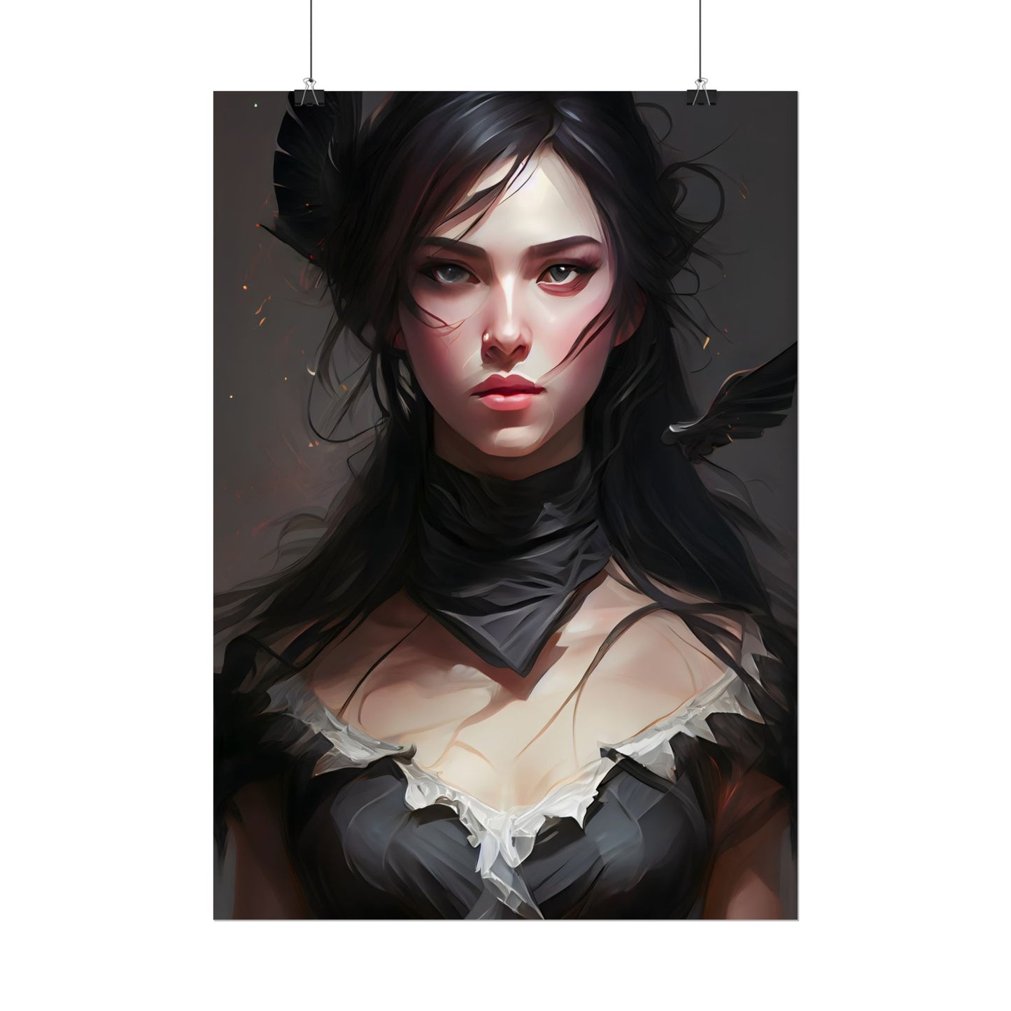 Female Portrait: Black Hair Artwork in Dark Background - Poster