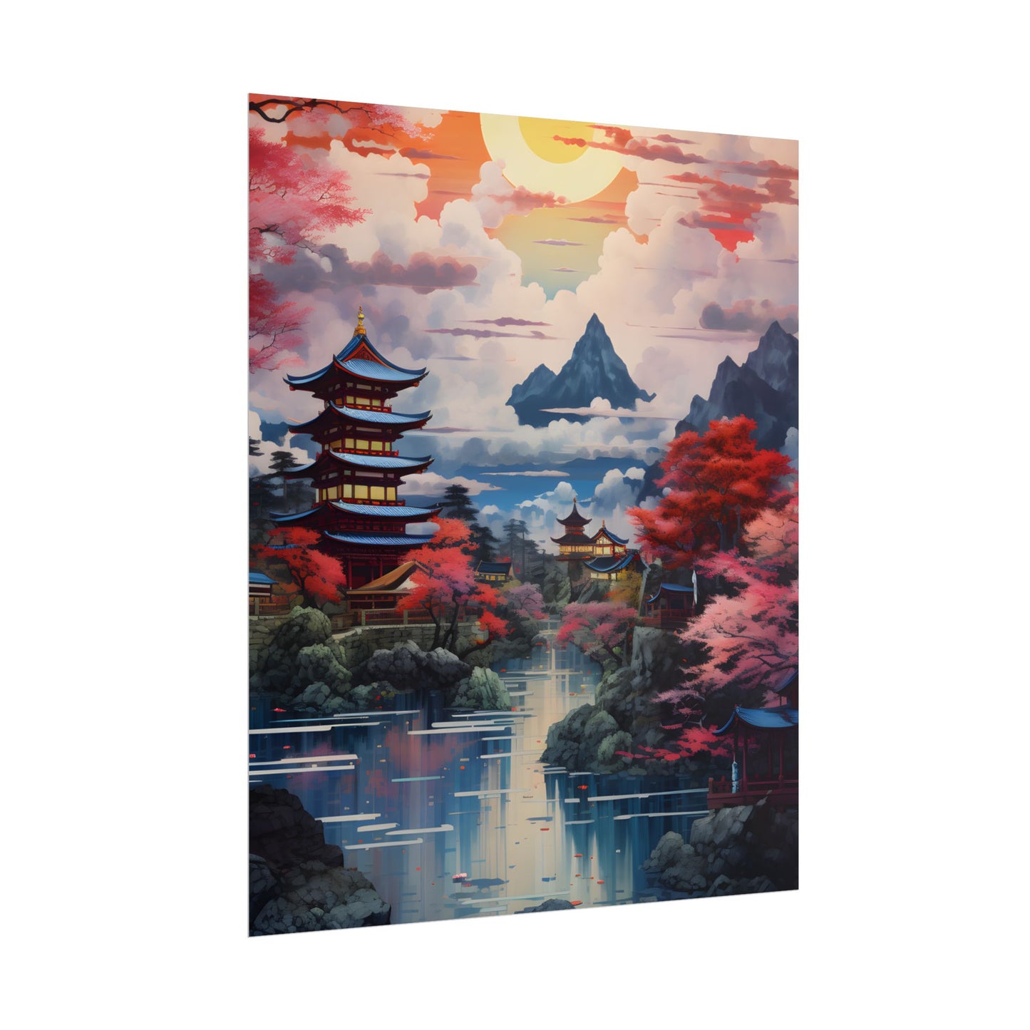Wonderful Japanese River Scene with Serene Flowers - Poster