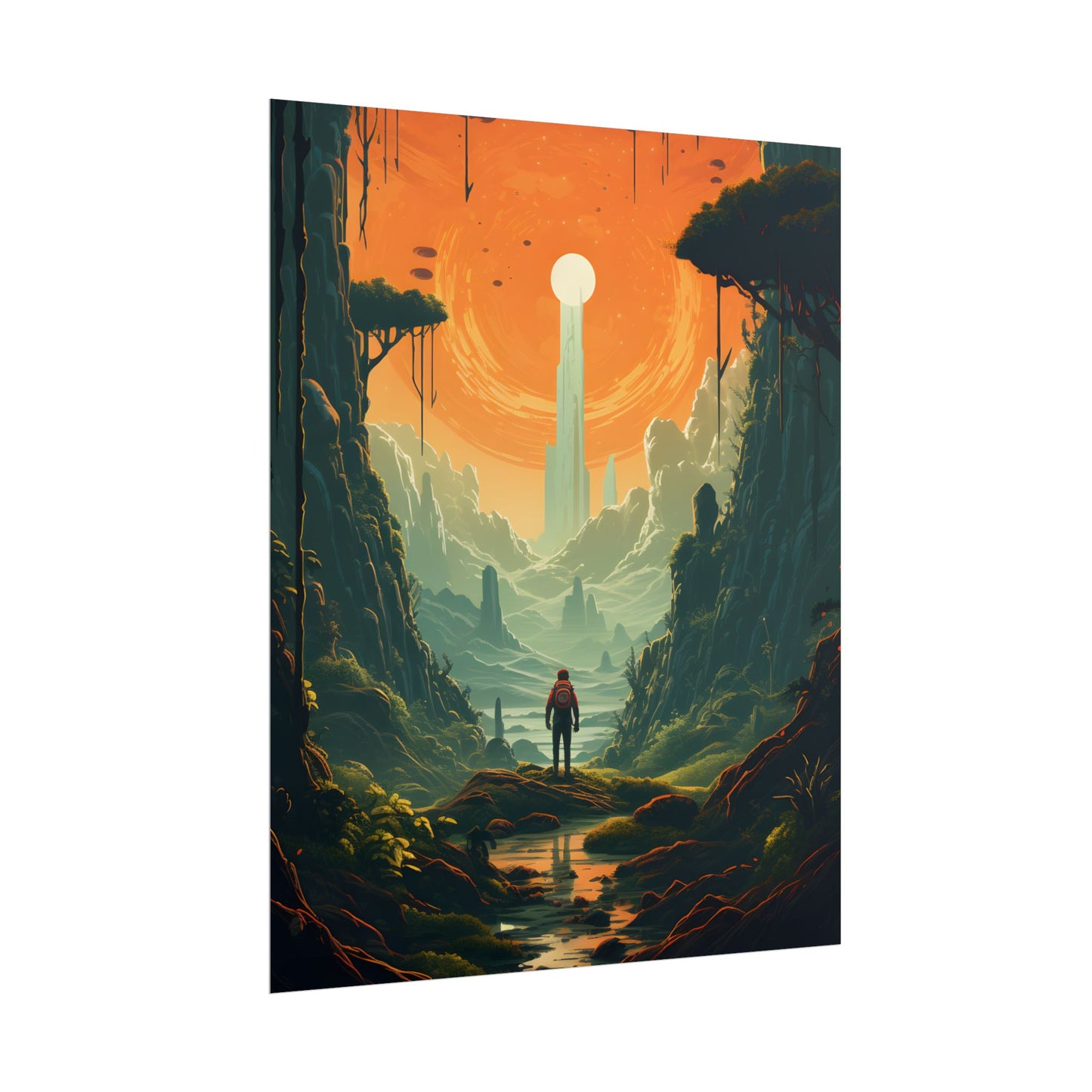 Futuristic Wilderness Explorer: Solo Discovery in Sci-Fi Terrain - Poster