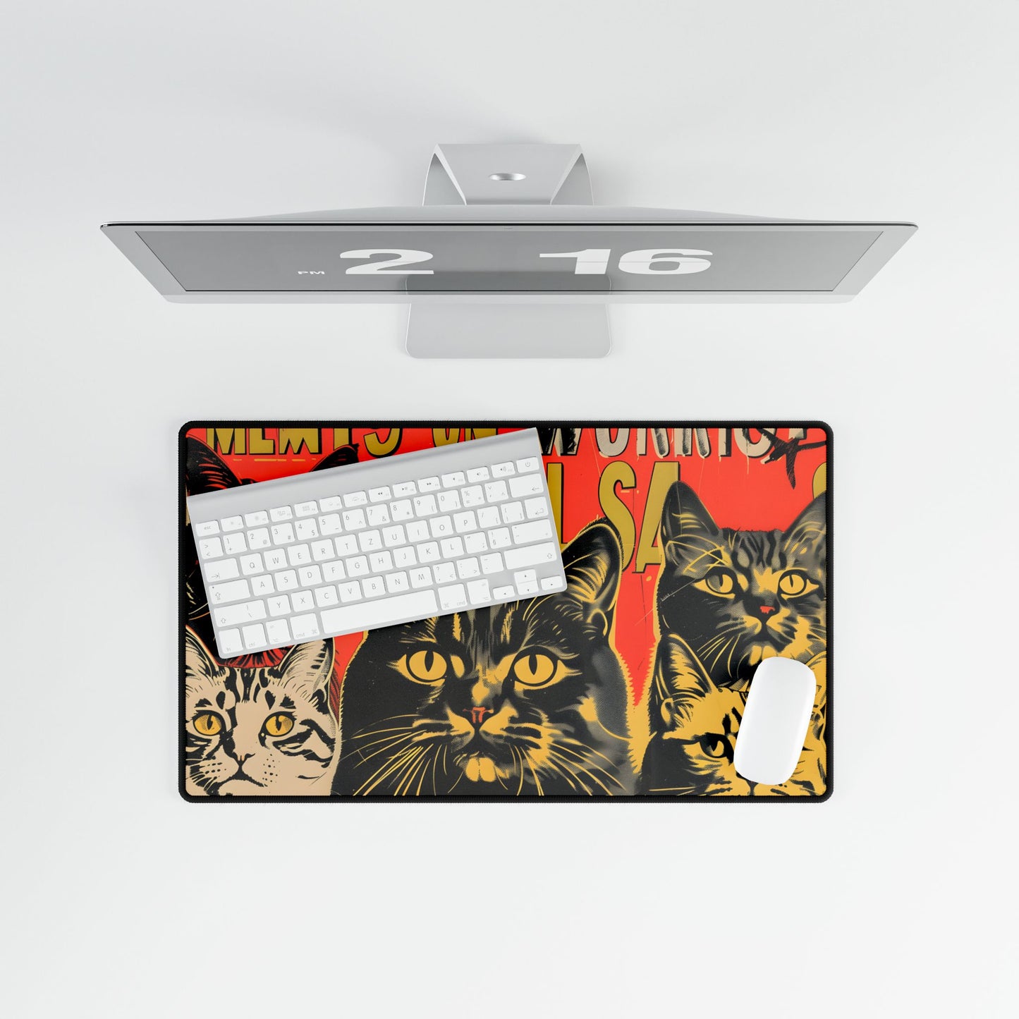 Whisked Away: A Soviet-Inspired Poster Featuring Multiple Feline Friends - Desk Mat