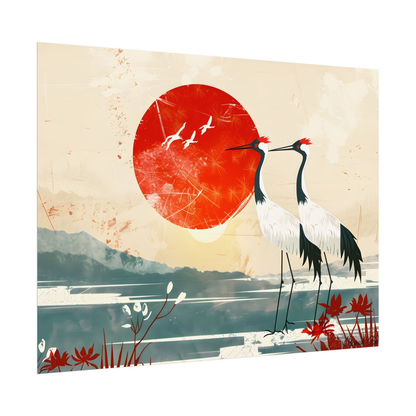 Serene Crane Landscape: Two Industrial Cranes in Nature - Poster
