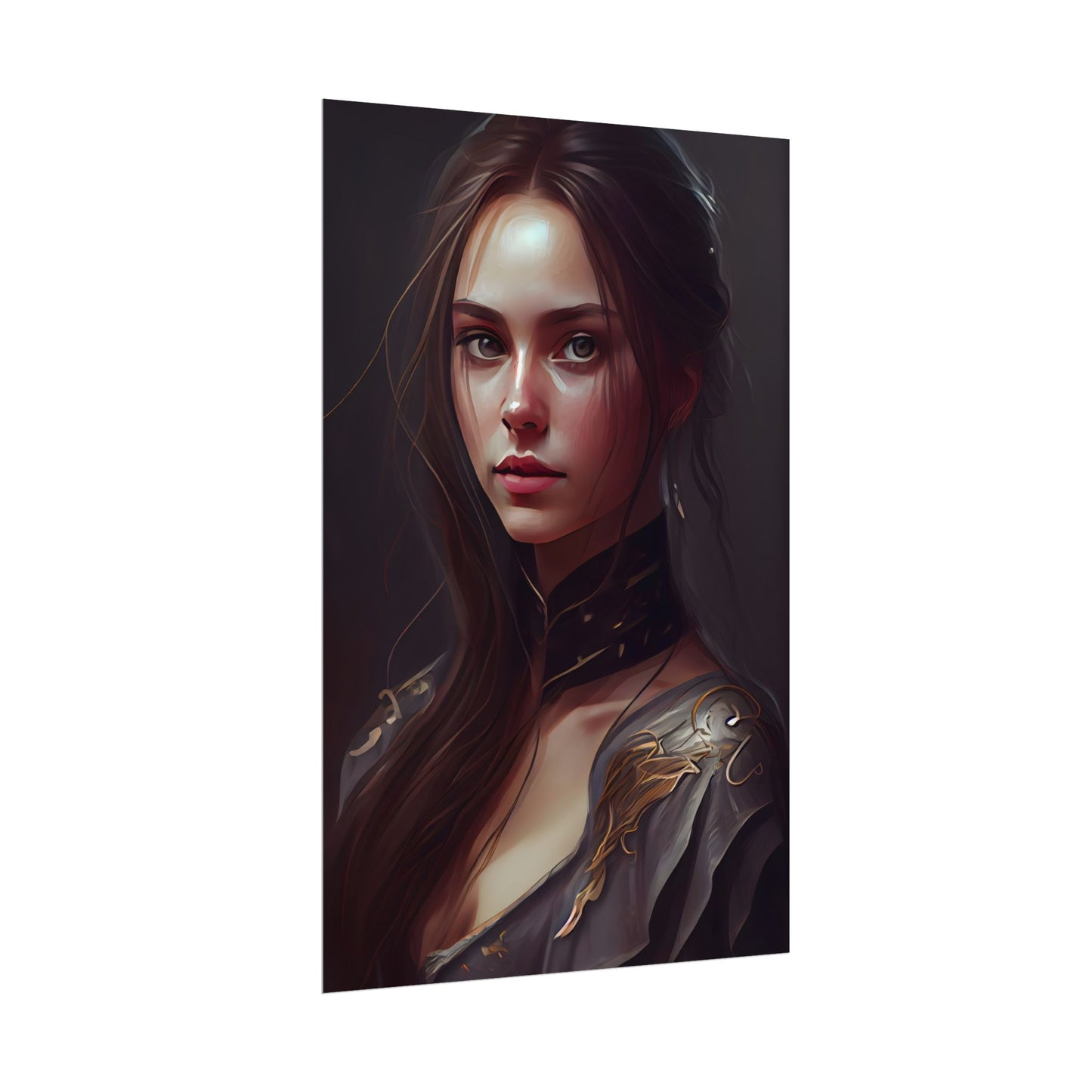 Elegant Indoor Portrait: Brown Hair Beauty - Poster