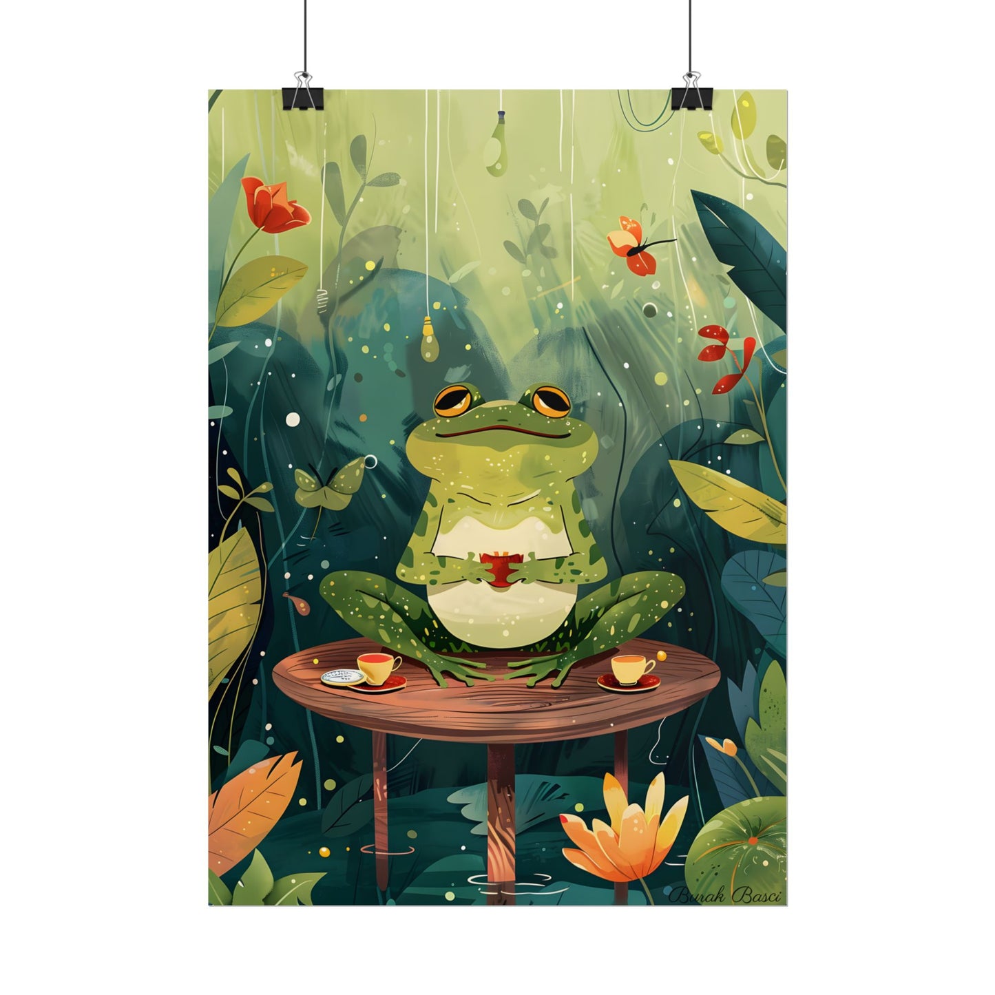 Whimsical Frog on Water: Playful Lily Pad Illustration - Poster