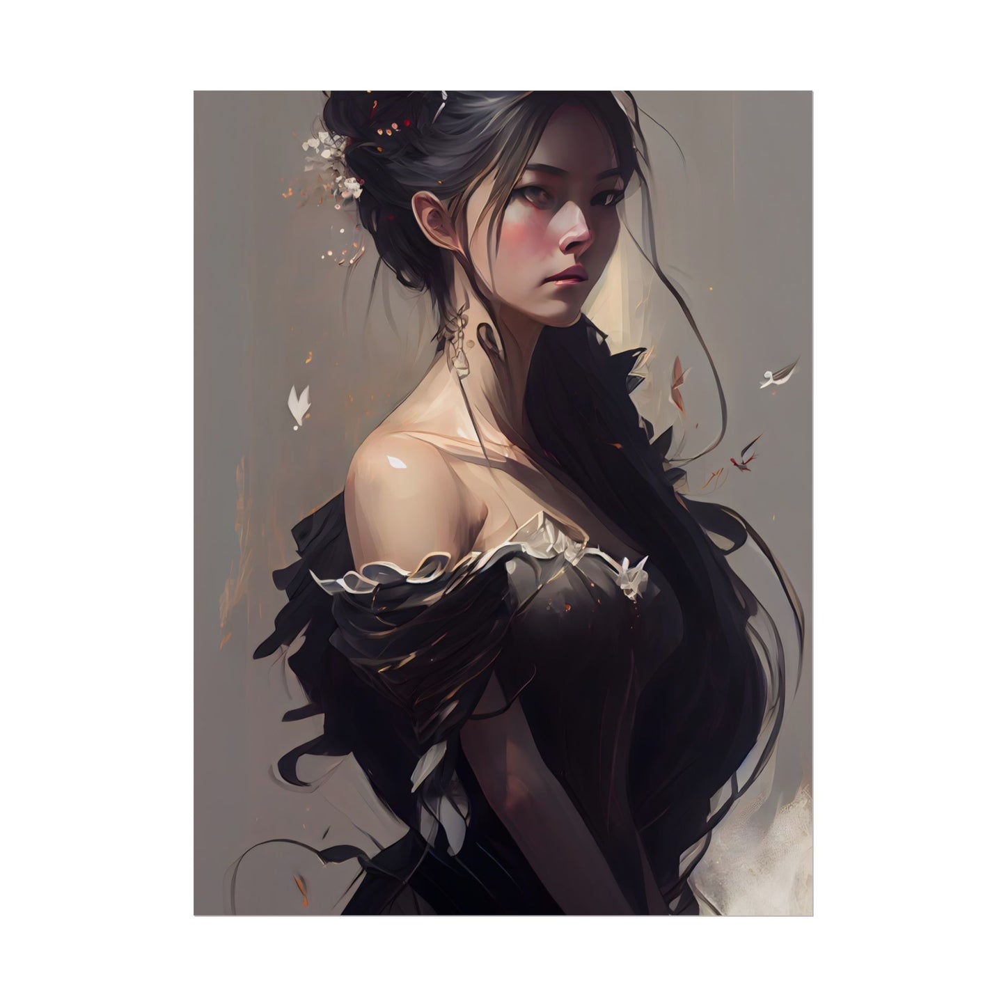 Elegant Black Hair Portrait: Beautiful Female in Dress Art - Poster