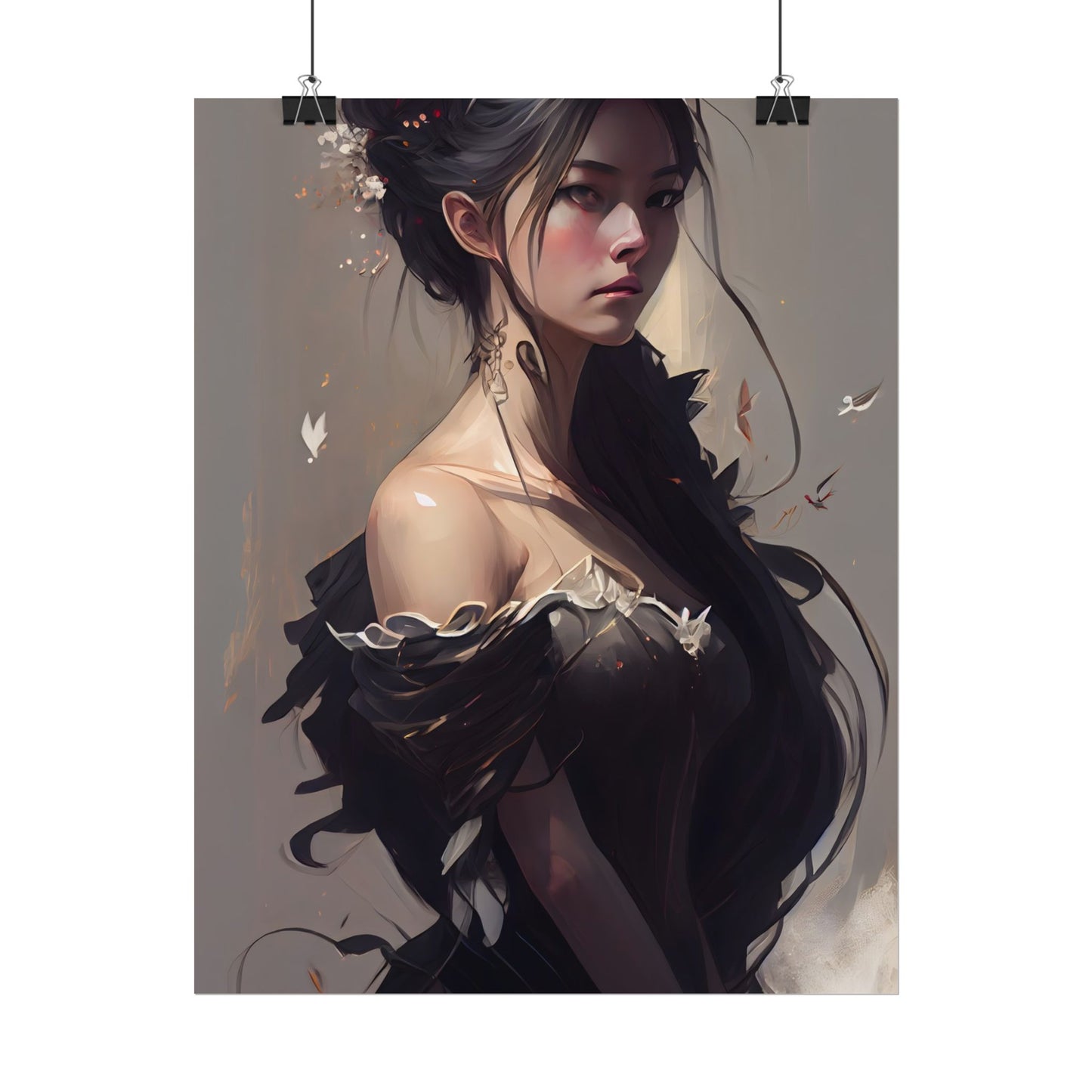 Elegant Black Hair Portrait: Beautiful Female in Dress Art - Poster