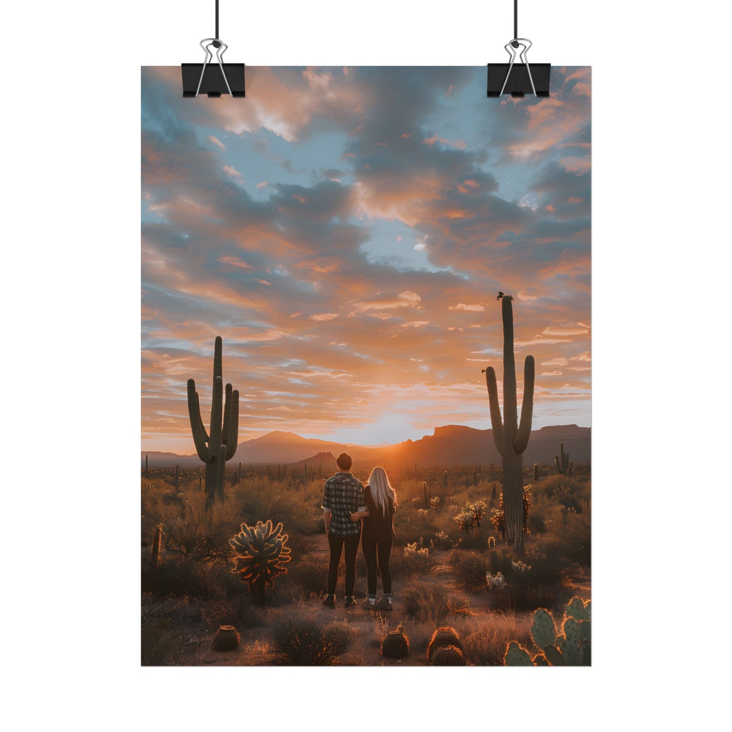 Warm Embrace Under Desert Sunset: People Standing Together in Golden Hour - Poster