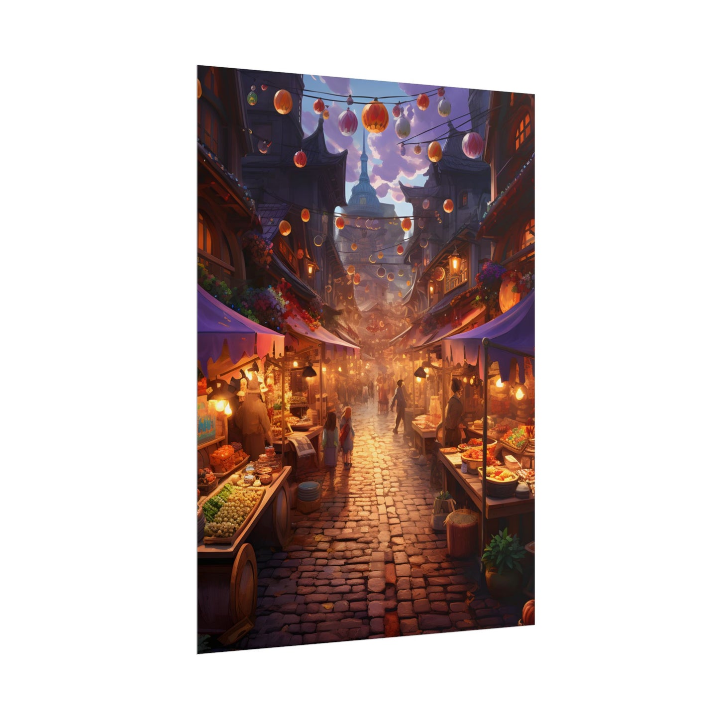 Magical Street Food Market: Vibrant Enchanted Scene Art - Poster