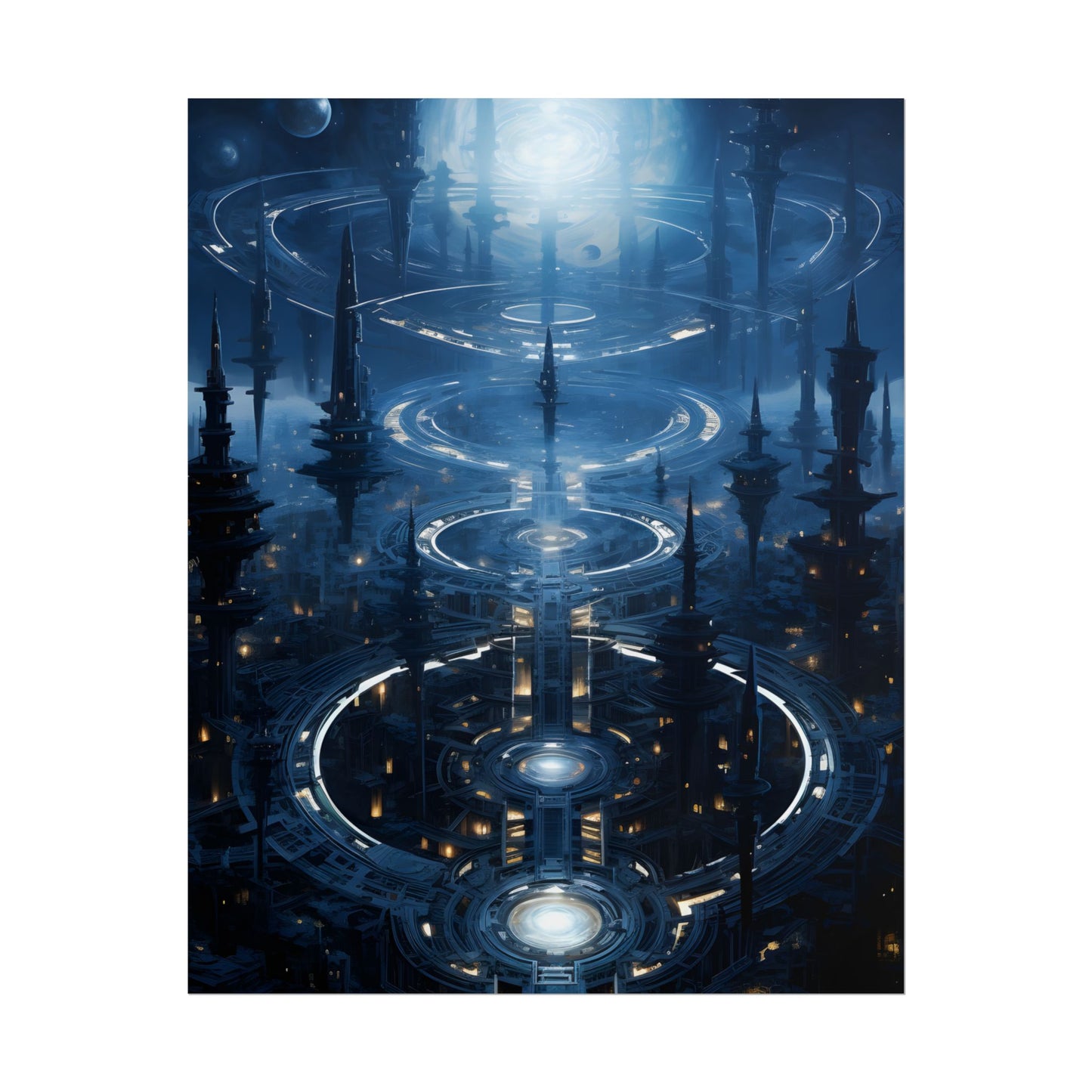Aetherial Space Station: Galactic Hub in Vibrant Blue Nebula - Poster
