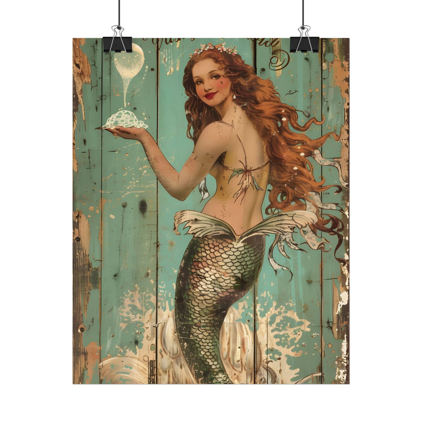Whimsical Vintage Mermaid: A Soap Bubble Serenade - Poster