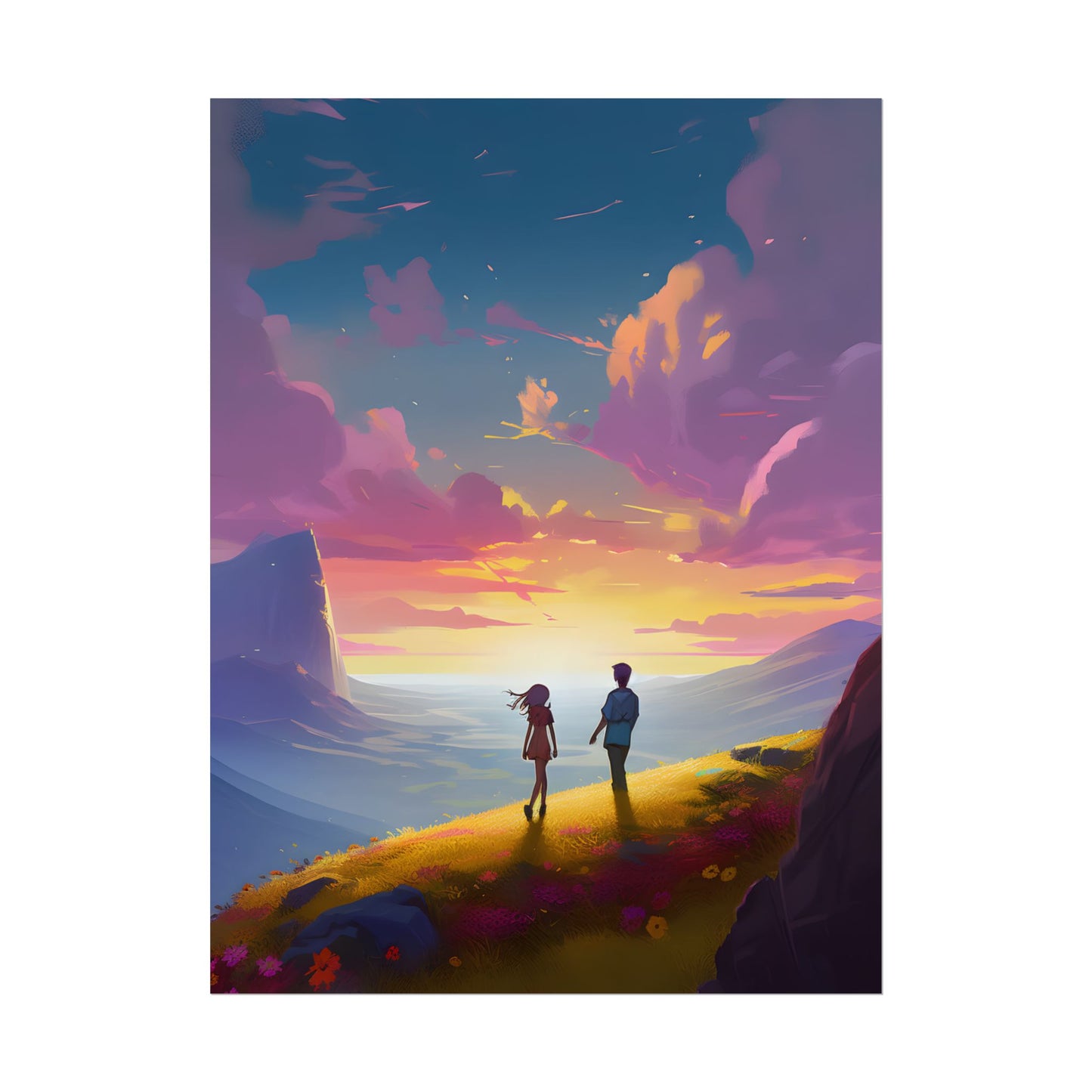 Young Love in a Cloudy Meadow: A Heartwarming Artwork - Poster