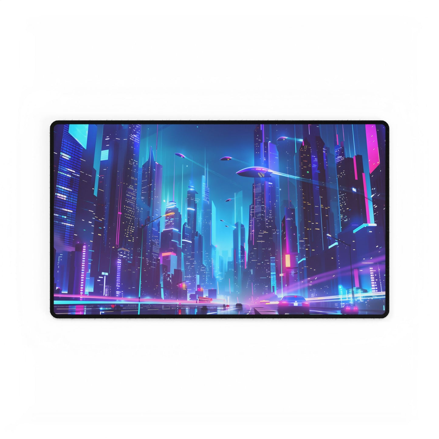 Futuristic Neon City: Towering Skyscrapers in a Vibrant Nighttime Sky - Desk Mat