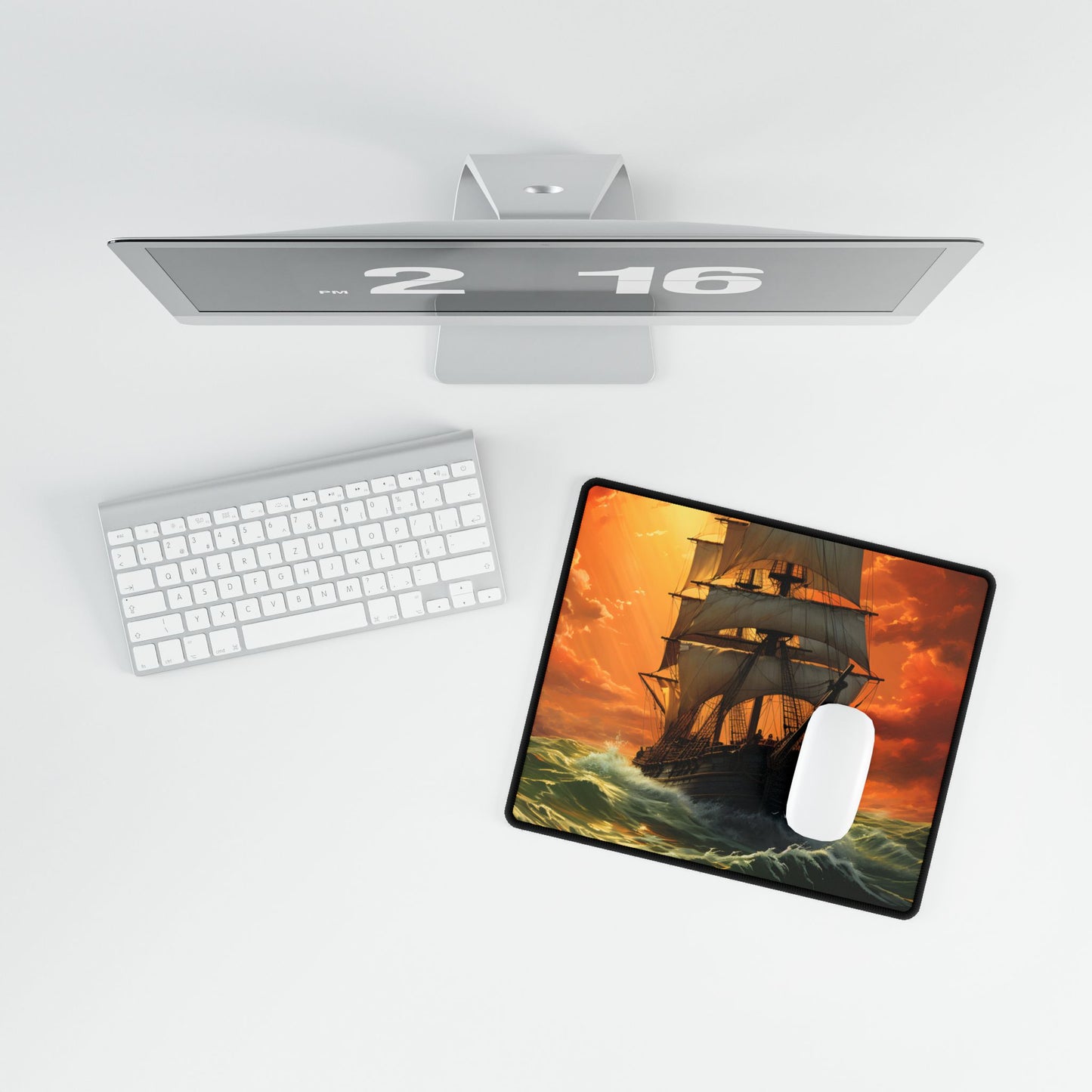 Nature's Serenity: Realistic Oil Painting of a Green Ship - Desk Mat