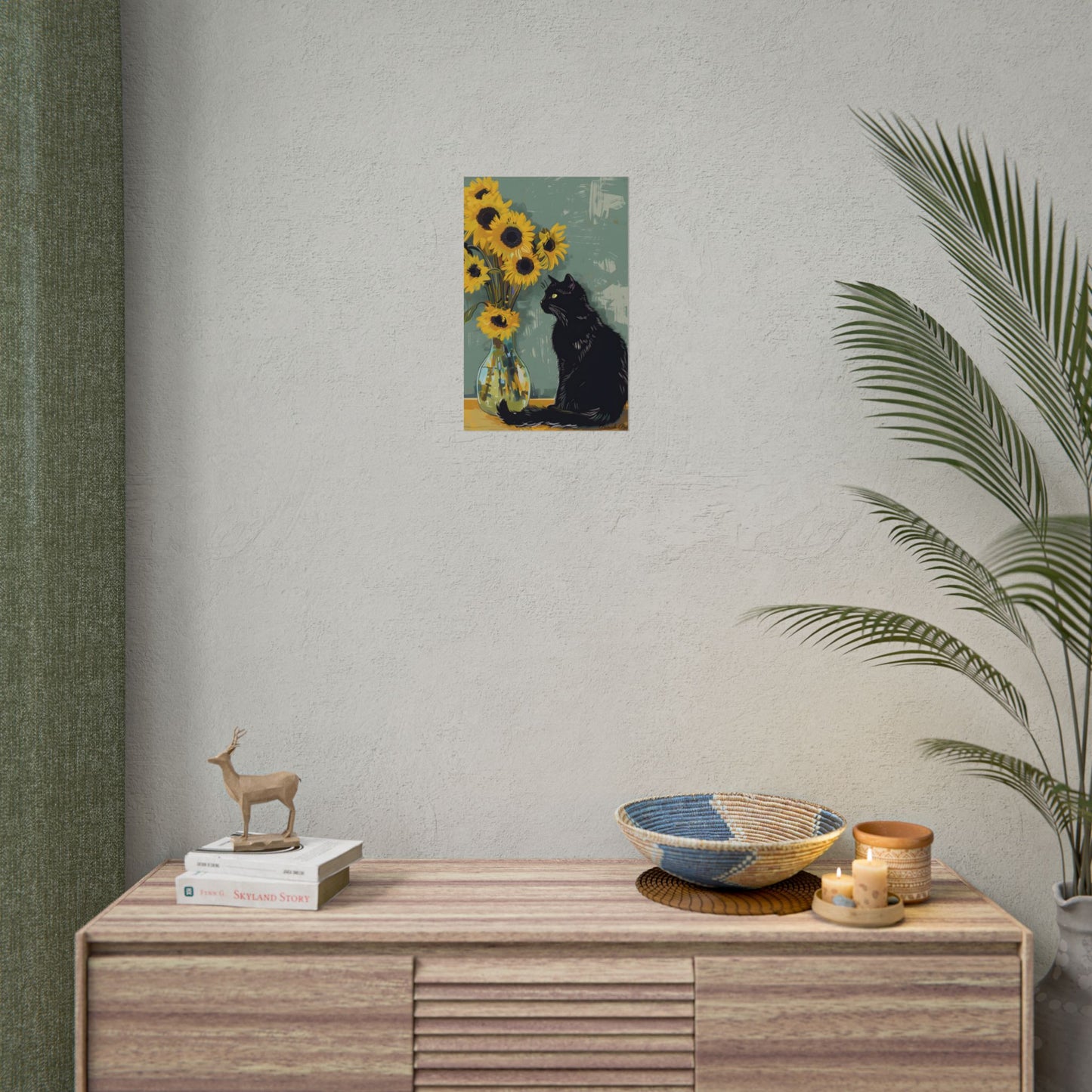 Whispers in the Sun: A Black Cat's Serene Moment with Sunflowers - Poster