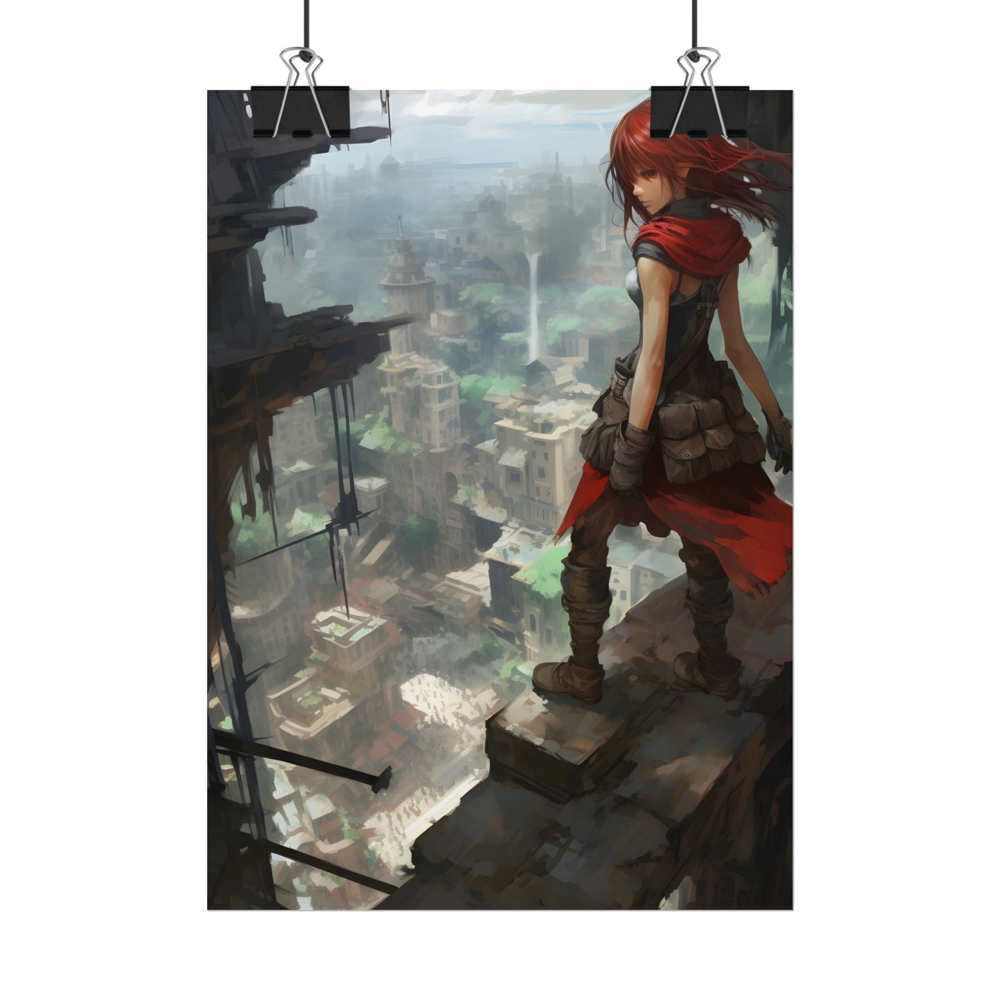 Dramatic Anime Bird's Eye View: Red Haired Heroine in Flight - Poster