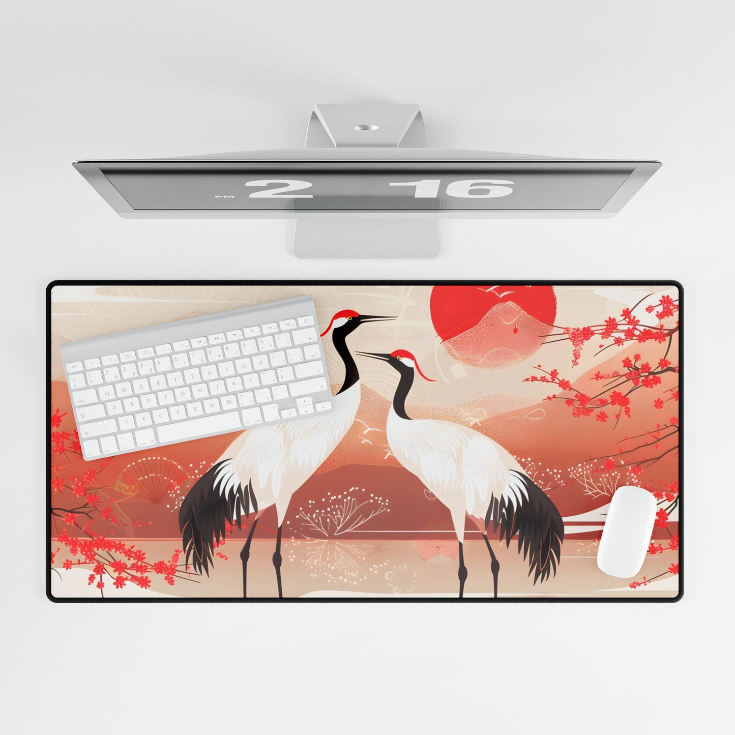 Two Cranes in Serene Nature: Tranquil Wildlife Artwork - Desk Mat