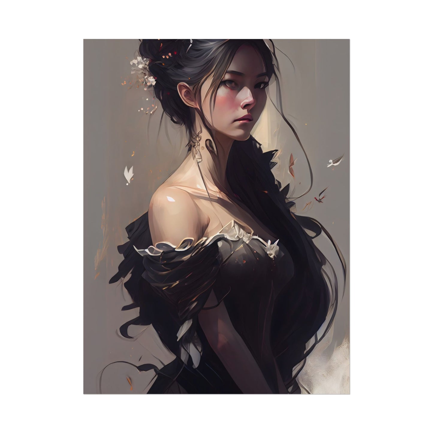 Elegant Black Hair Portrait: Beautiful Female in Dress Art - Poster