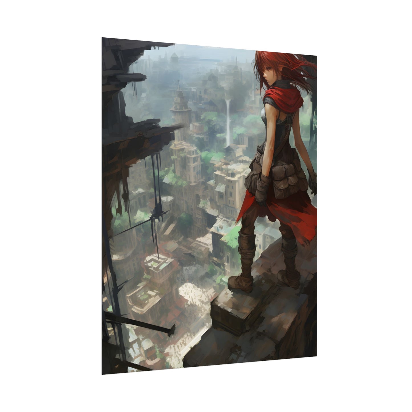 Dramatic Anime Bird's Eye View: Red Haired Heroine in Flight - Poster