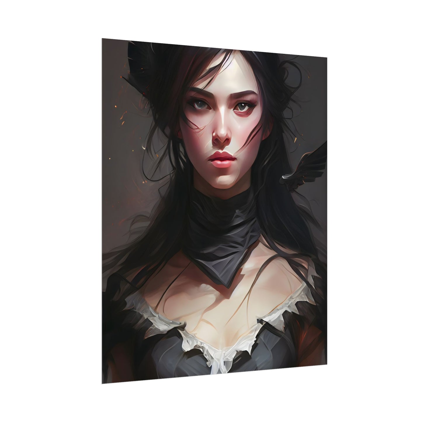 Female Portrait: Black Hair Artwork in Dark Background - Poster