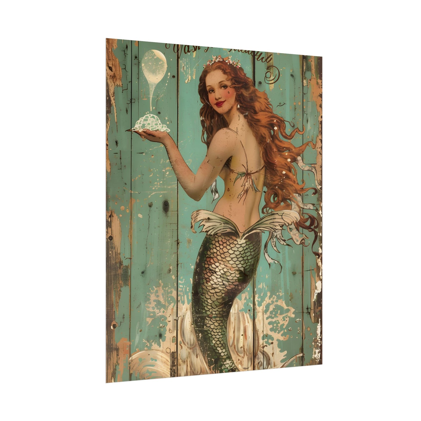 Whimsical Vintage Mermaid: A Soap Bubble Serenade - Poster