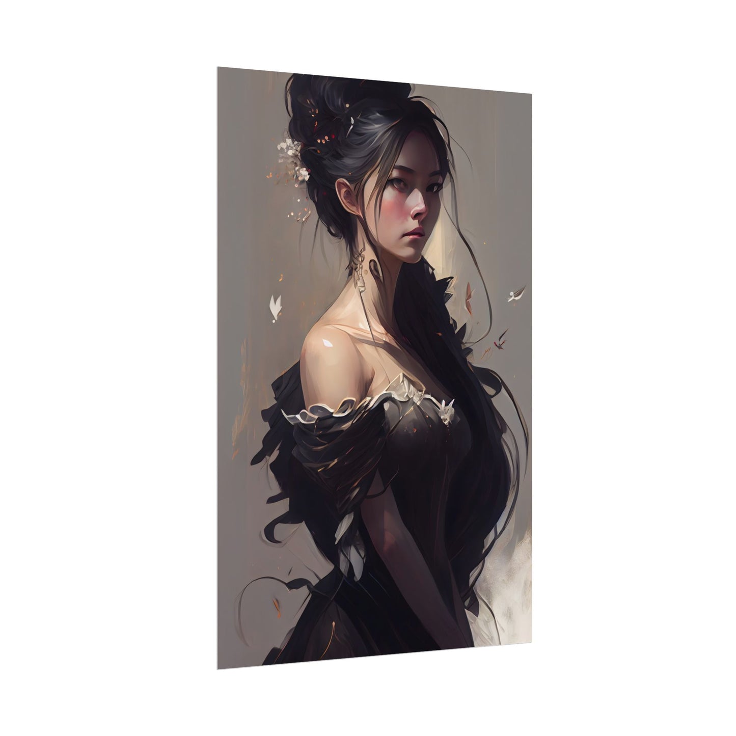 Elegant Black Hair Portrait: Beautiful Female in Dress Art - Poster