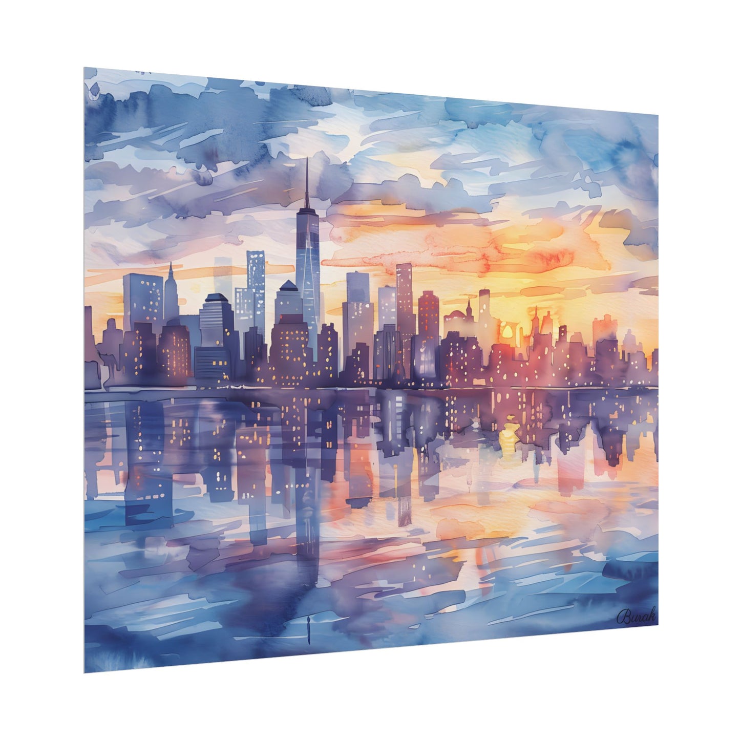 Watercolor New York City Sunset Skyline: Artistic NYC View - Poster