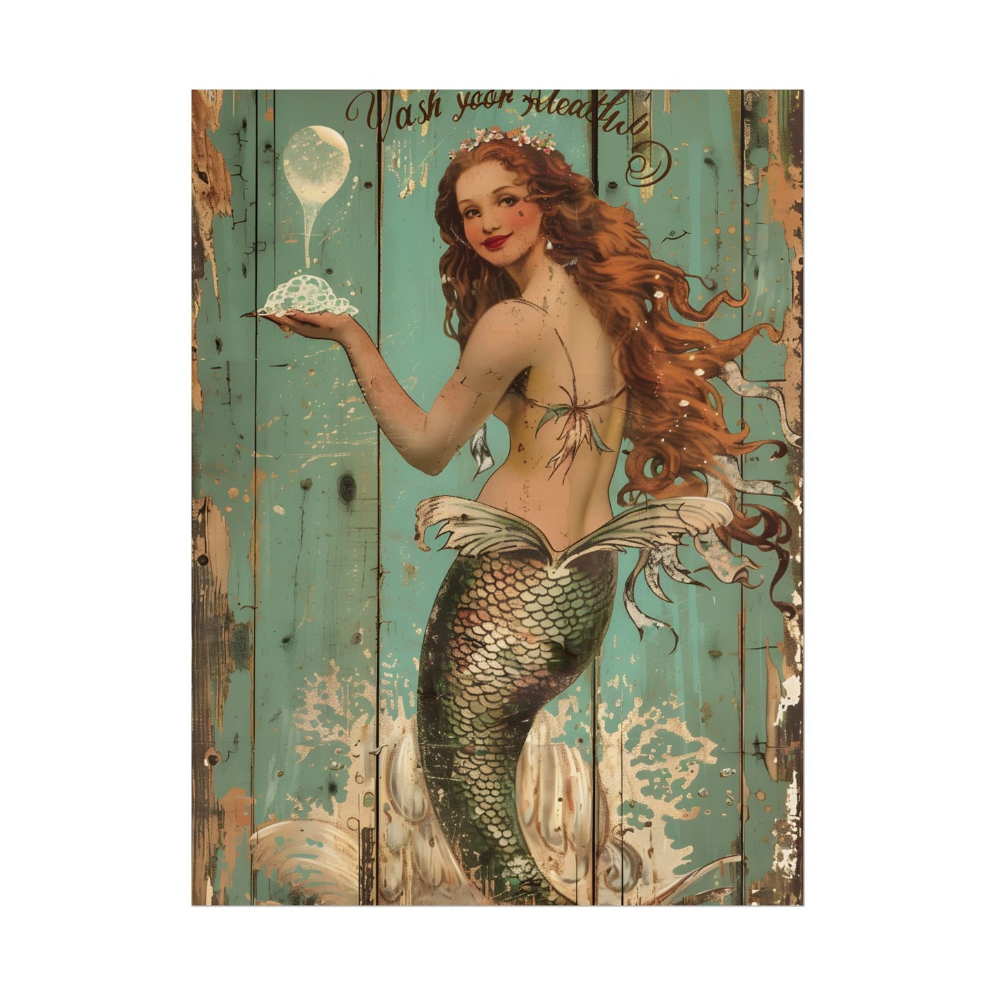 Whimsical Vintage Mermaid: A Soap Bubble Serenade - Poster