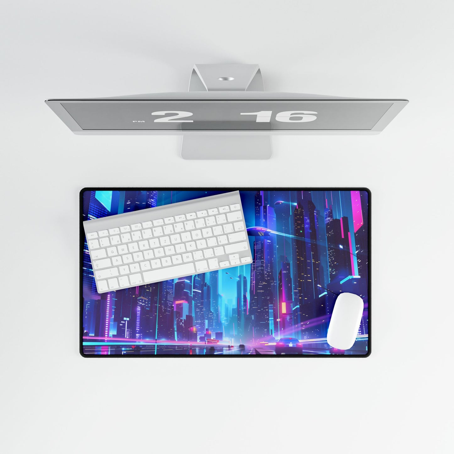 Futuristic Neon City: Towering Skyscrapers in a Vibrant Nighttime Sky - Desk Mat