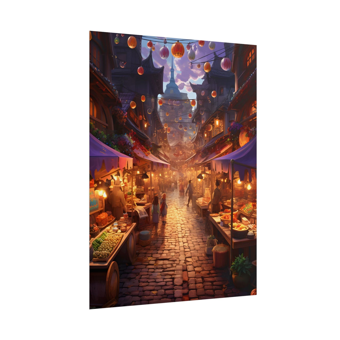Magical Street Food Market: Vibrant Enchanted Scene Art - Poster