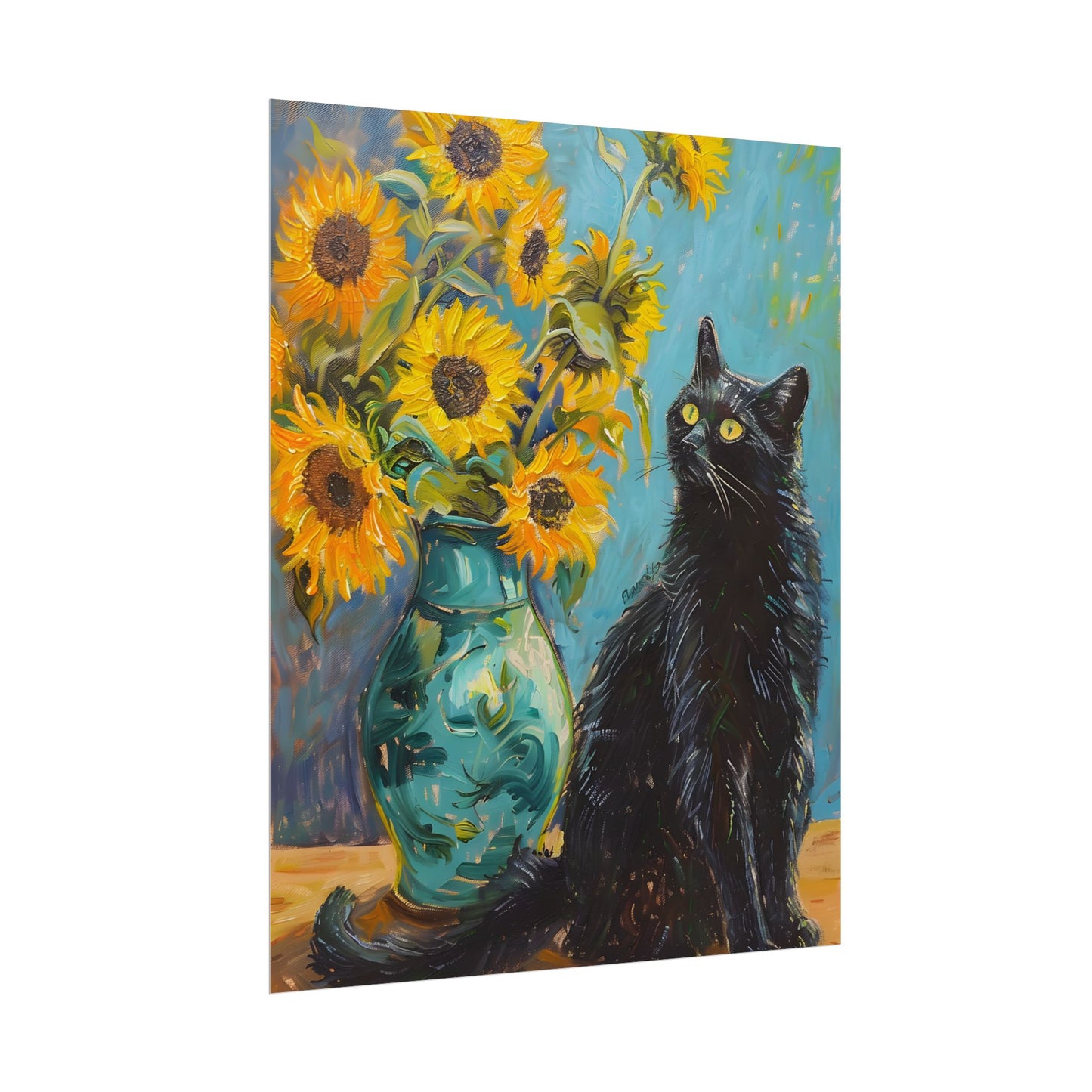 Whispers in the Garden: A Black Cat Among Sunflowers - Poster