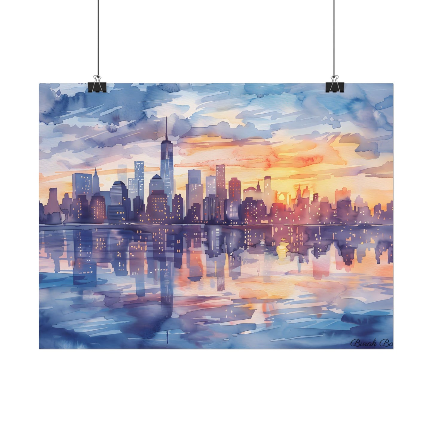 Watercolor New York City Sunset Skyline: Artistic NYC View - Poster