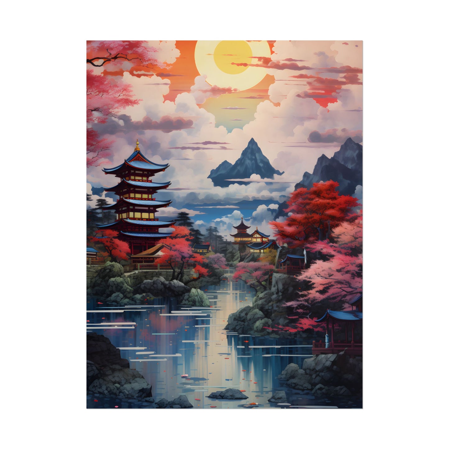 Wonderful Japanese River Scene with Serene Flowers - Poster
