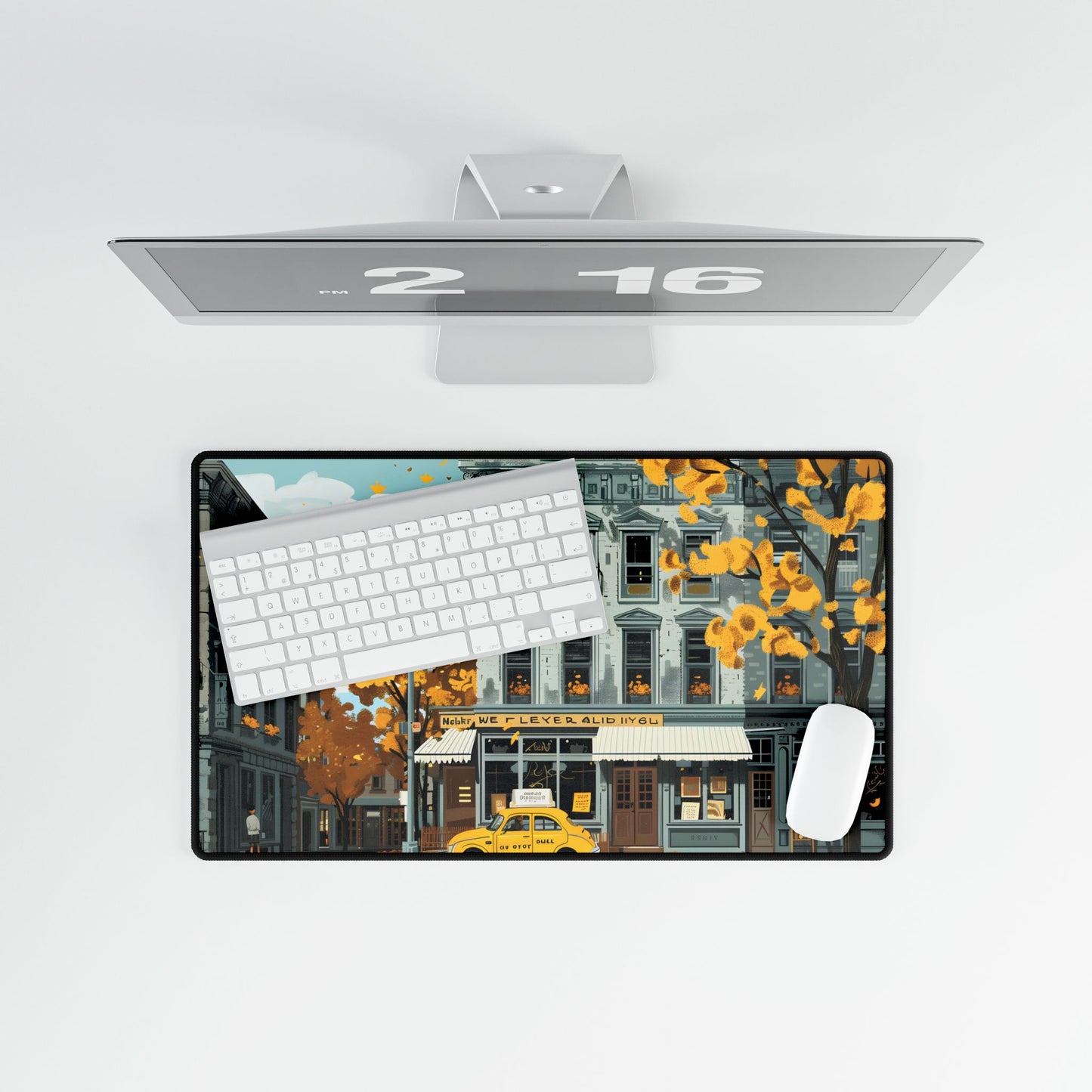 Whimsical Yellow Building: Ornate Illustration Artwork - Desk Mat