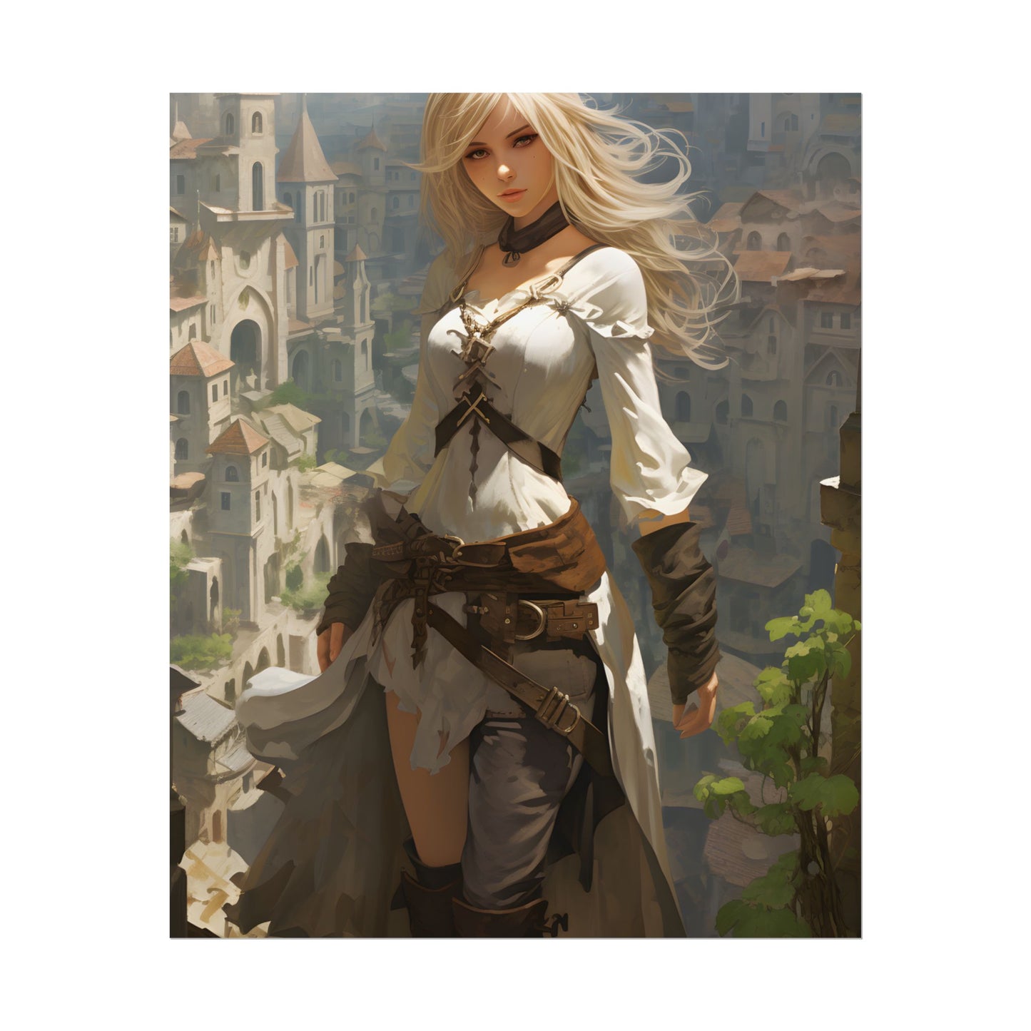 Anime Bird's Eye View Portrait: Blonde Beauty in Motion - Poster