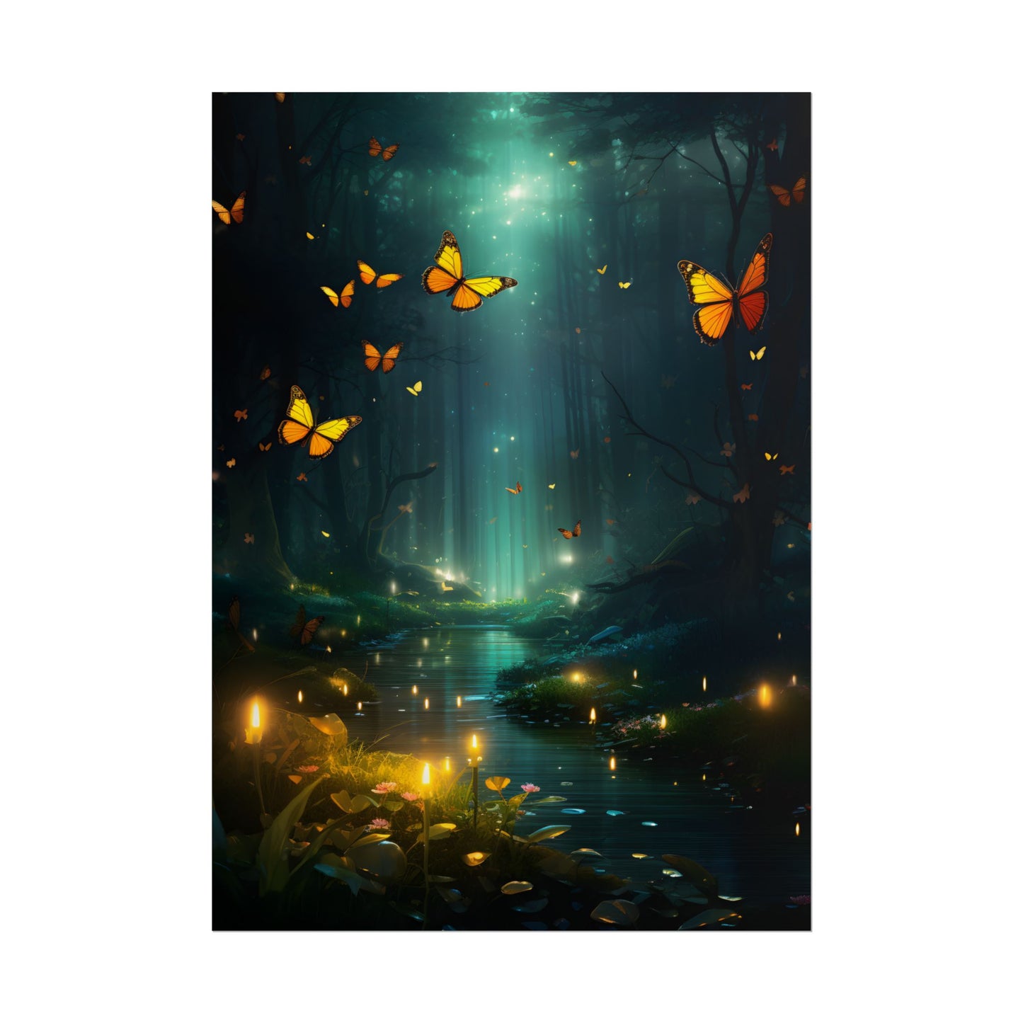 Fantasy Night Bokeh Artwork: Glowing Fog Forest Painting - Poster