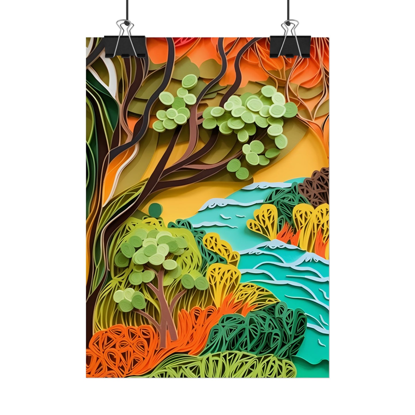 African Paper Quilled Landscape: Artwork in Brown and Green - Poster