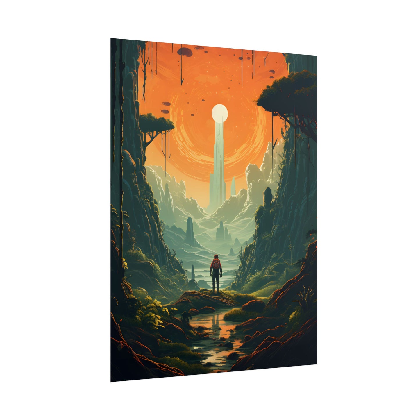 Futuristic Wilderness Explorer: Solo Discovery in Sci-Fi Terrain - Poster