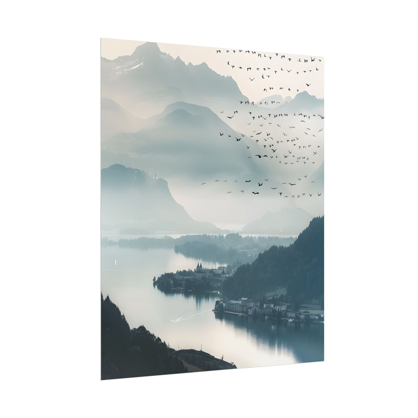 Serene Mountain Landscape: Bird's Eye View Art - Poster