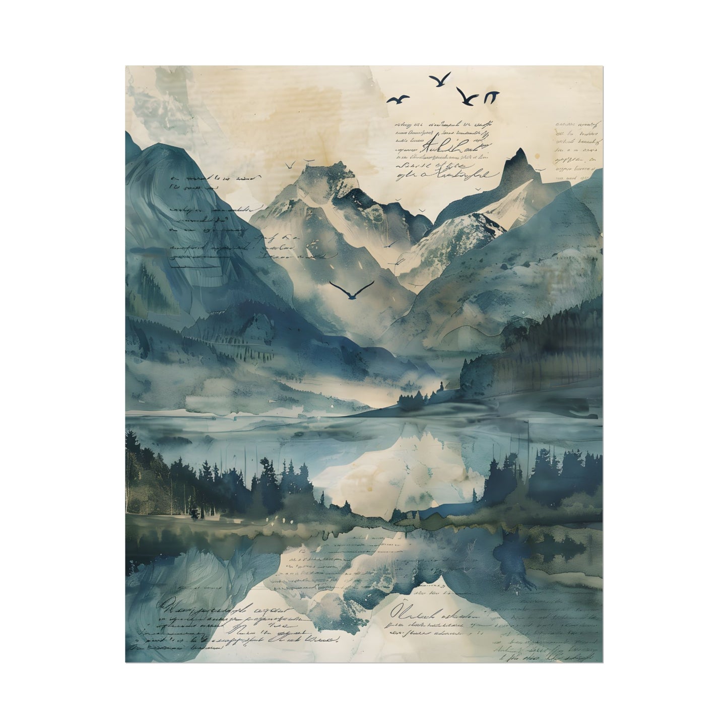 Serene Mountain Landscape: Wildlife Art with Birds in Flight - Poster