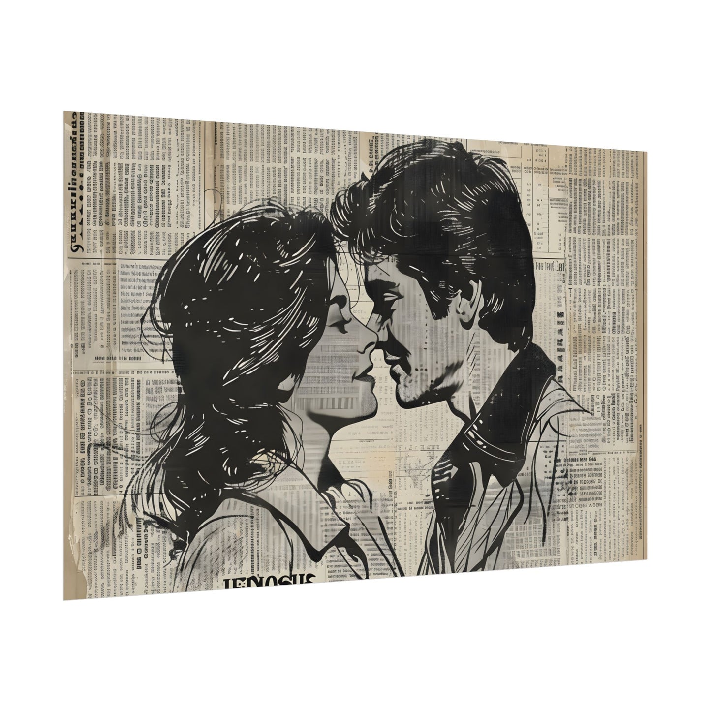Vintage Romance Couples: Timeless Newsprint Art - Poster