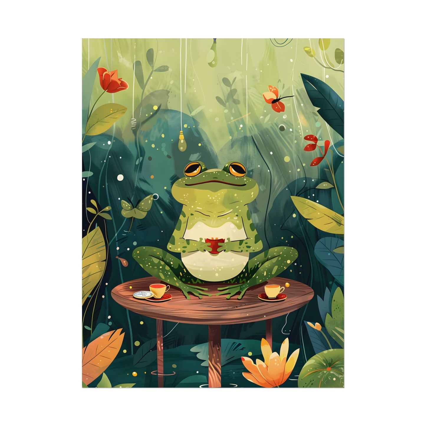 Whimsical Frog on Water: Playful Lily Pad Illustration - Poster