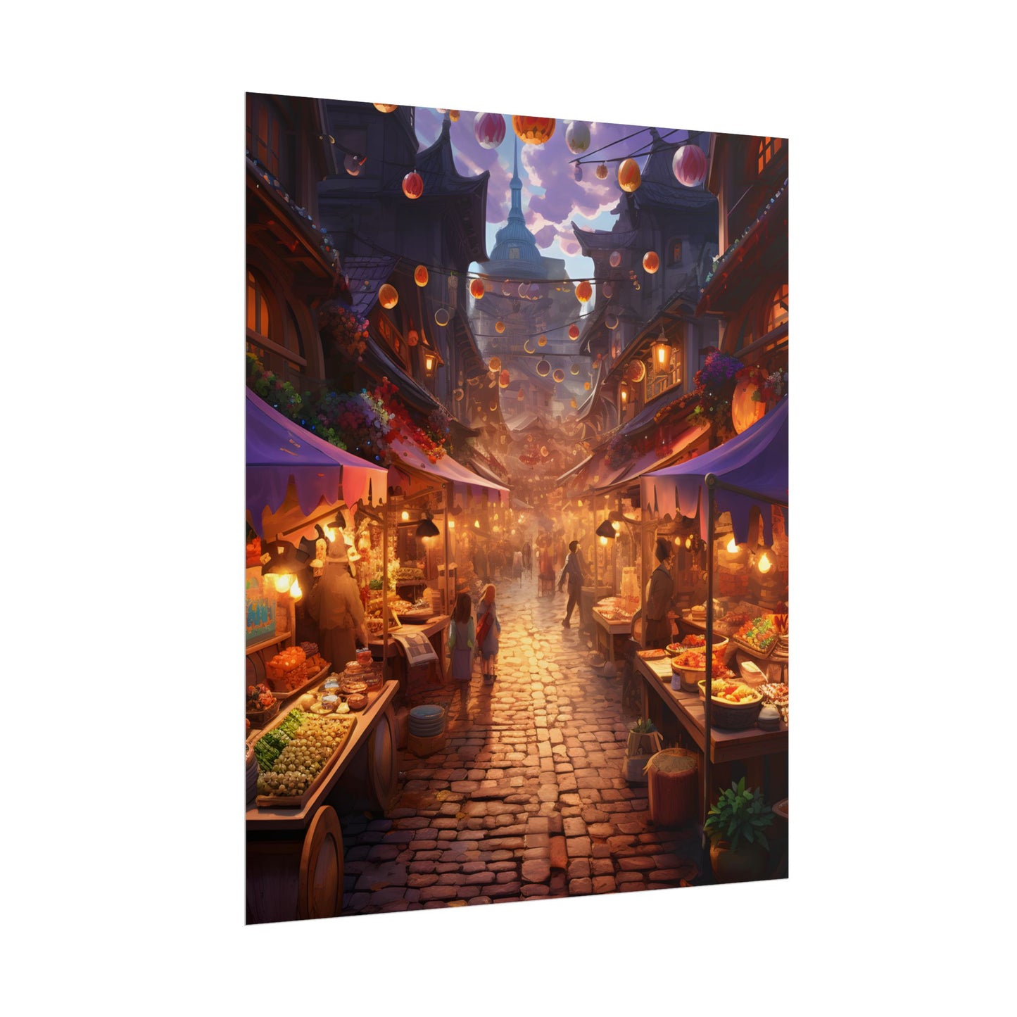 Magical Street Food Market: Vibrant Enchanted Scene Art - Poster