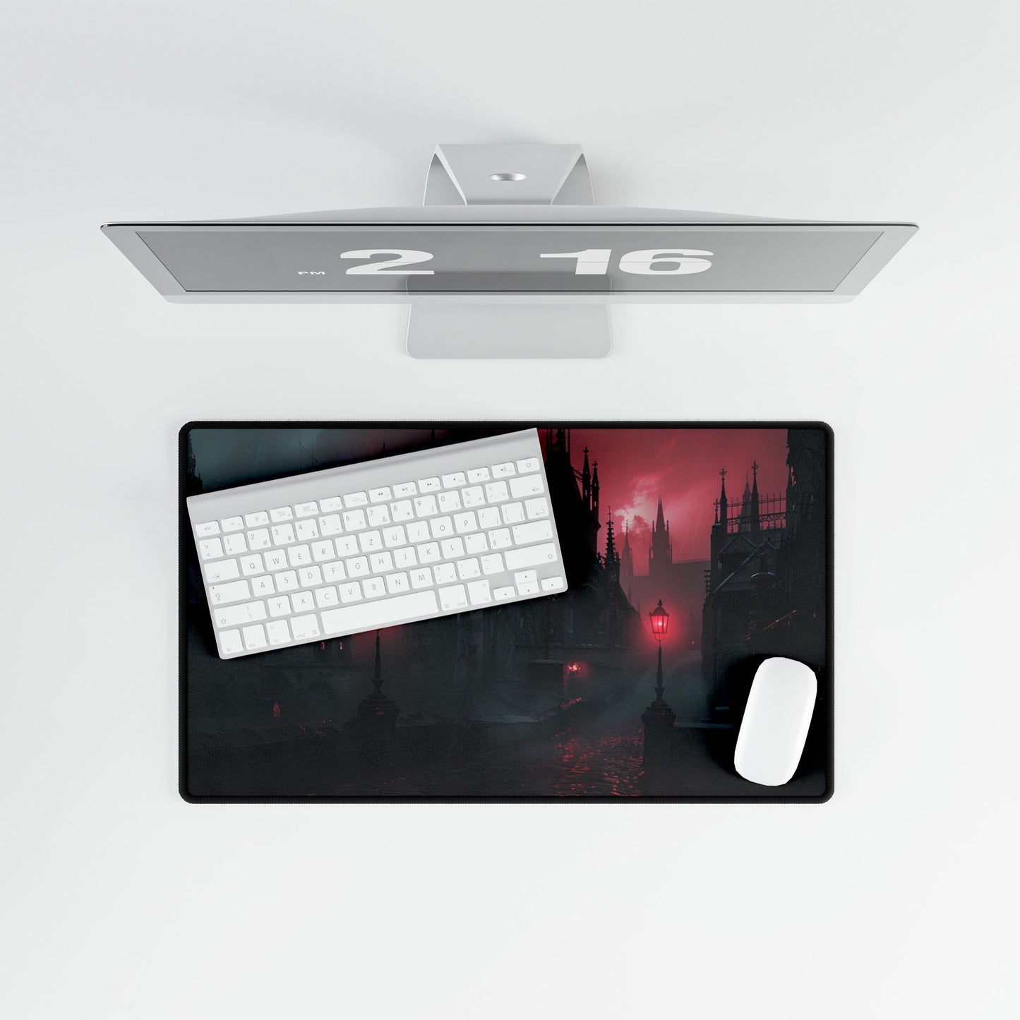 Dark Gothic Cityscape: Misty Twilight Artwork - Desk Mat