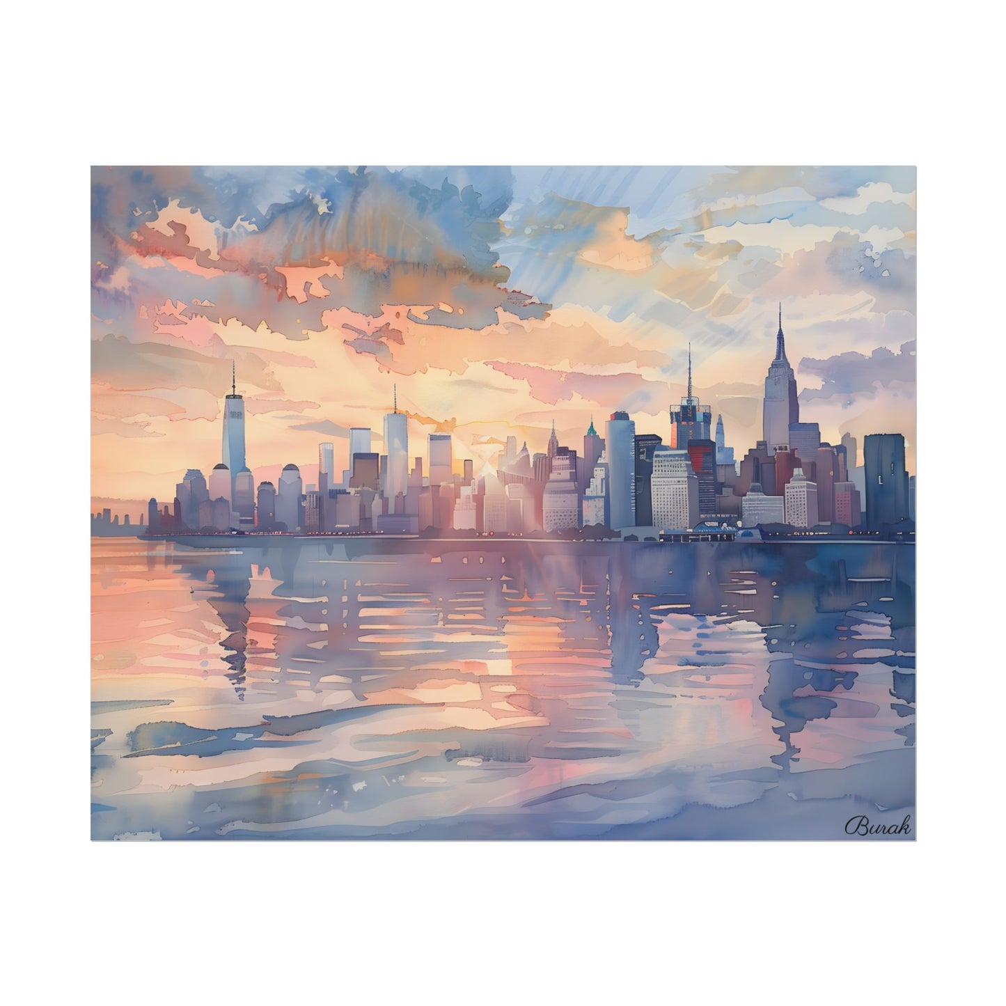 Watercolor New York City Sunset: Golden Hour Artwork - Poster